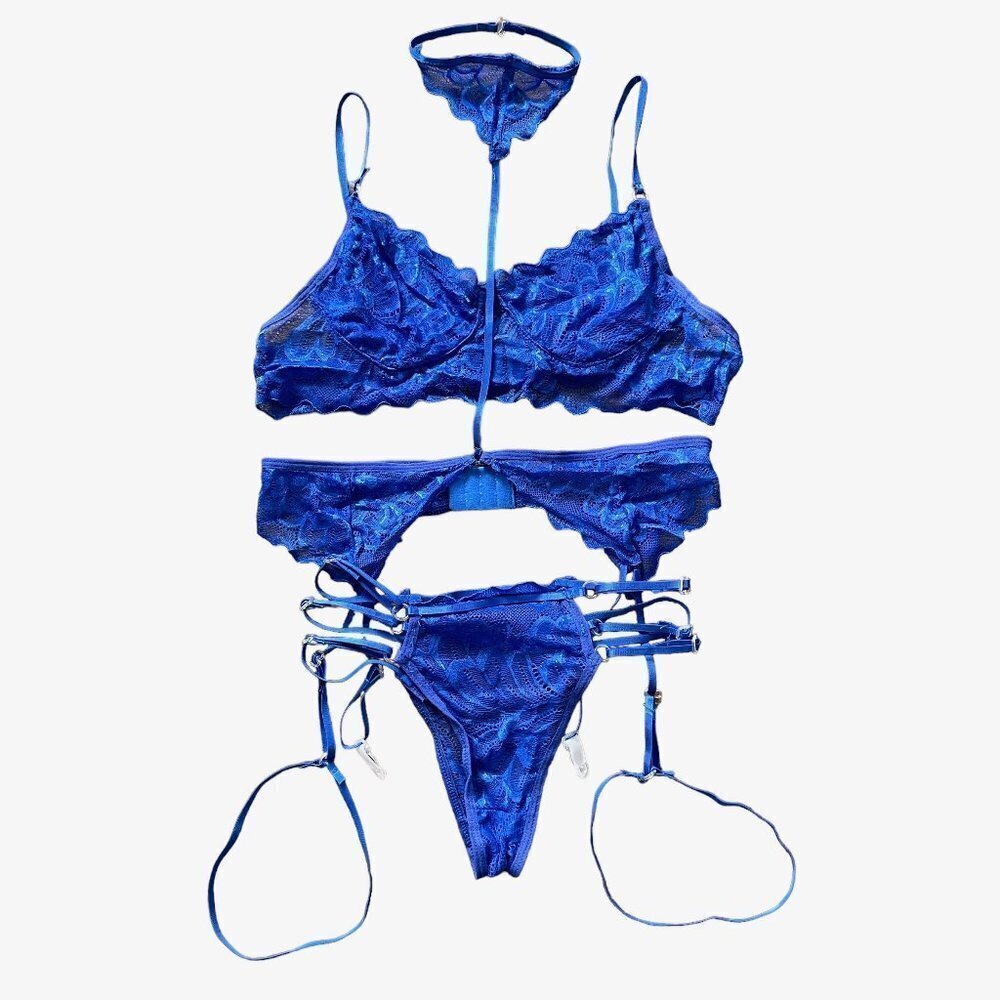 New Sexy Lace Lingerie 3 Piece Bra Panties Garter Belt Choker Set in Blue
